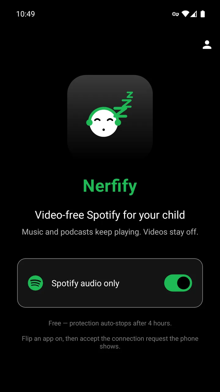 Nerfify running on Android: the heading "Video-free Spotify for your child" above a "Spotify audio only" switch that is turned on.